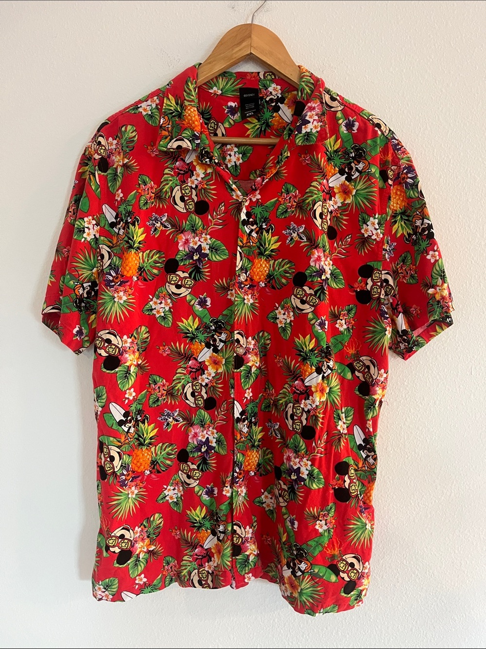 Disney Mickey Mouse Red Tropical Print Short-Sleeve Button Down Shirt